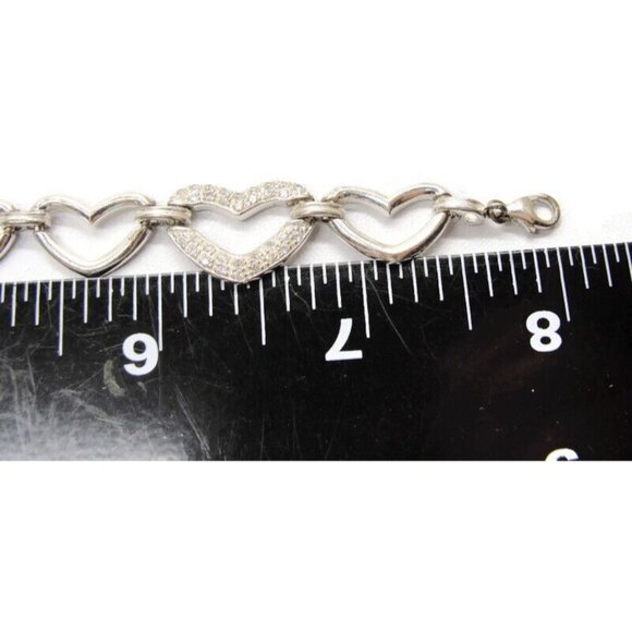 Heart Links Bracelet 8" Simulated Cubic Zirconia 925 Sterling Silver Vintage - Picture 3 of 8